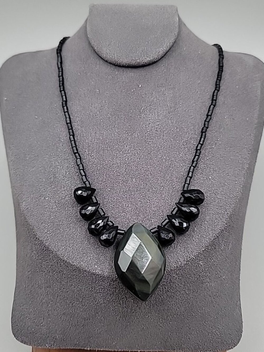 David Aubrey Dark Moss Aquamarine Faceted Glass Geometric Statement Necklace 17"